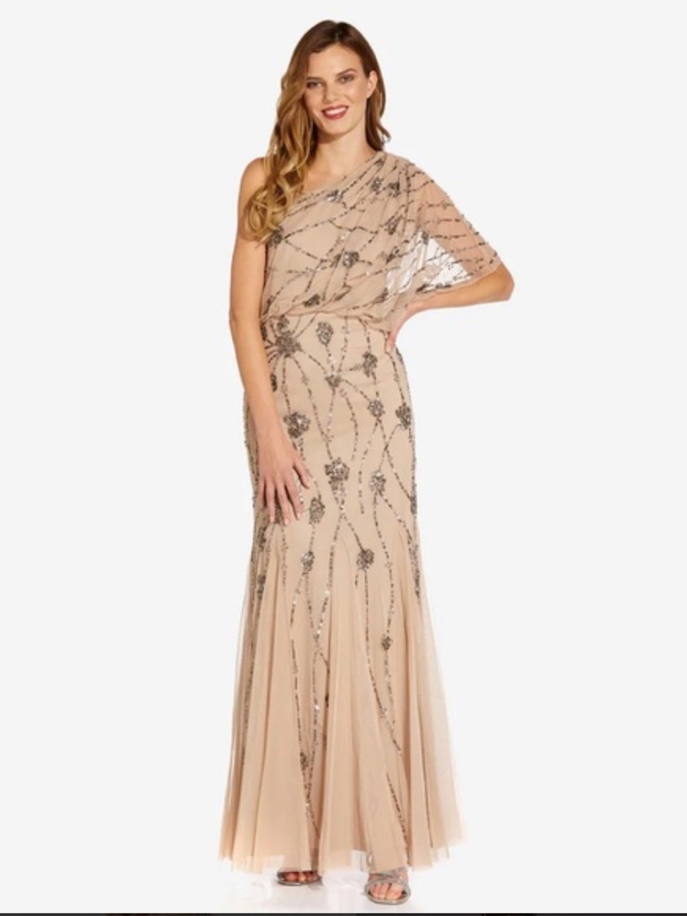 Adrianna Papell One-Shoulder Beaded Evening Gown in Nude